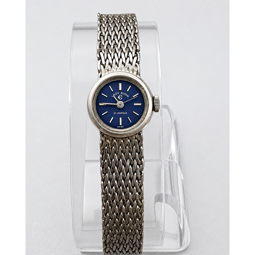 Vintage Lady Elgin 21 Jewel Swiss Mechanical Watch Blue Dial 8" Bracelet